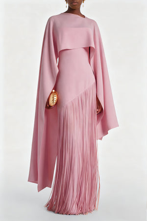 Elegant Blush Pink Cape Fringe Maxi Dress