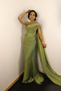 Flowing Olive Satin Drape Formal Gown