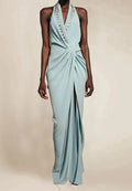 Sage Blue Halter Neck Crystal Trim Draped Maxi Dress