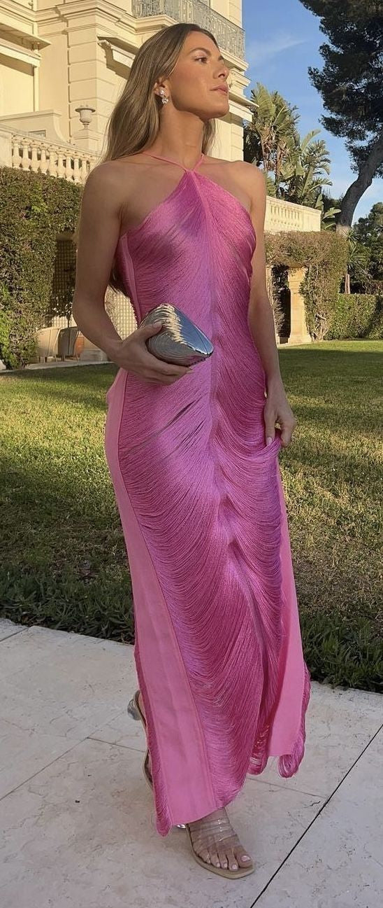 Fuchsia Pink Halter Neck Pleated Maxi Dress