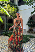 Abstract Marble Print Strapless Maxi Dress
