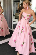 Romantic Blush Pink Floral Corset Midi Ball Dress