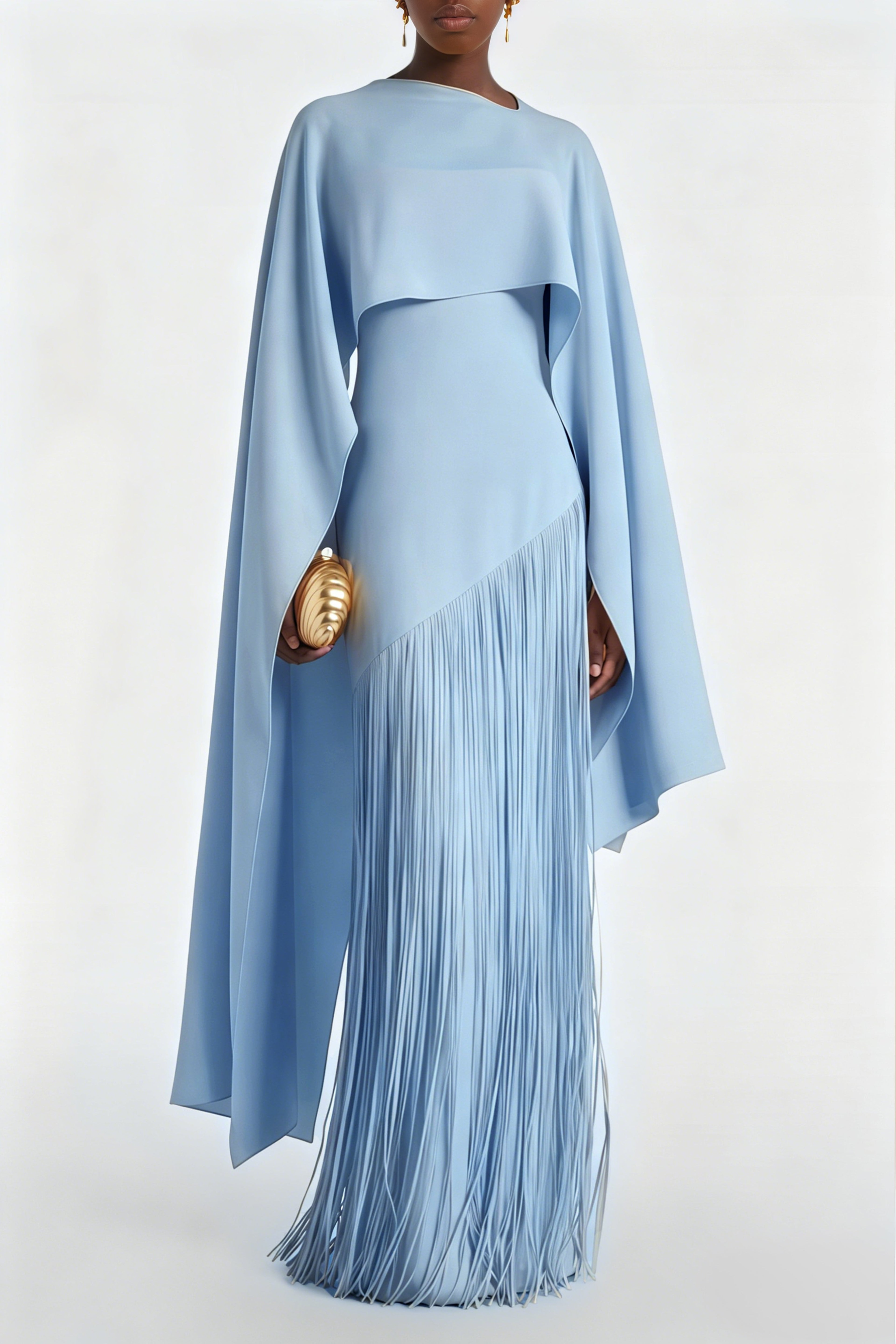 Elegant Blush Pink Cape Fringe Maxi Dress