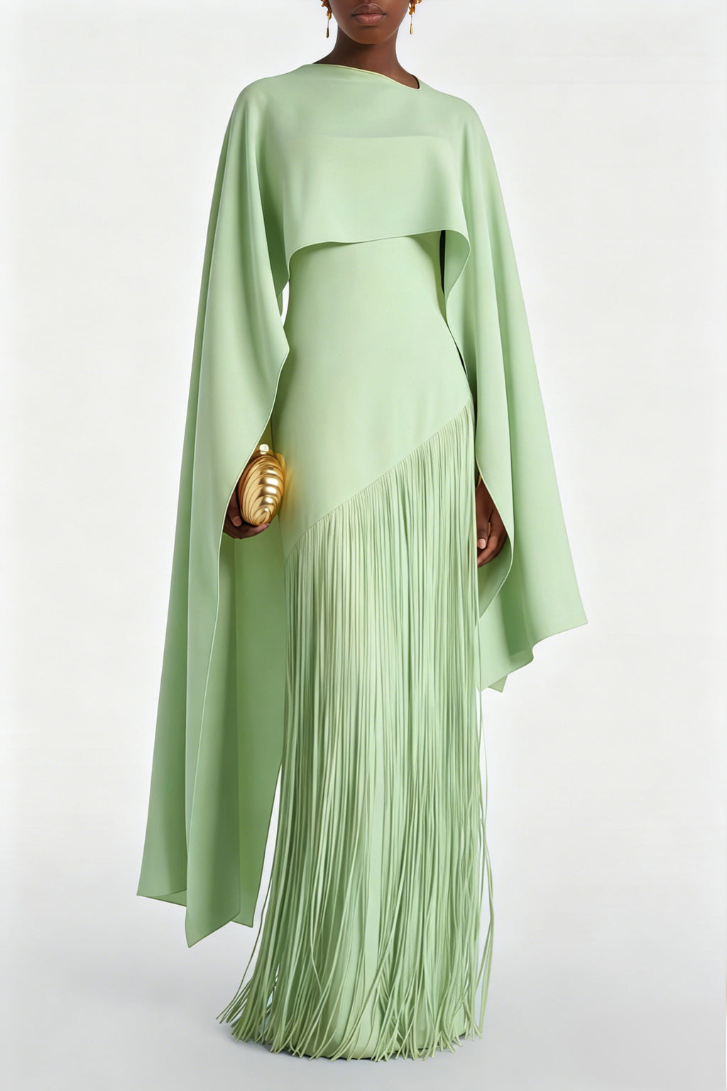 Elegant Blush Pink Cape Fringe Maxi Dress