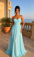 Aqua Blue Strapless Sweetheart Beaded Waist Chiffon Maxi Dress