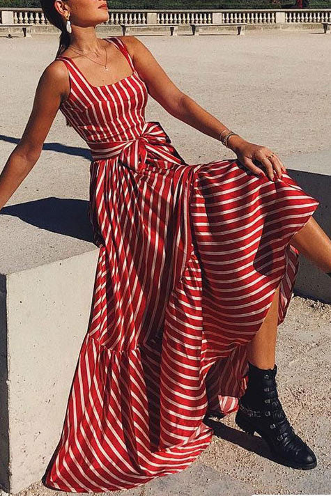 Women’s Red Striped Bow Tie Midi Dress