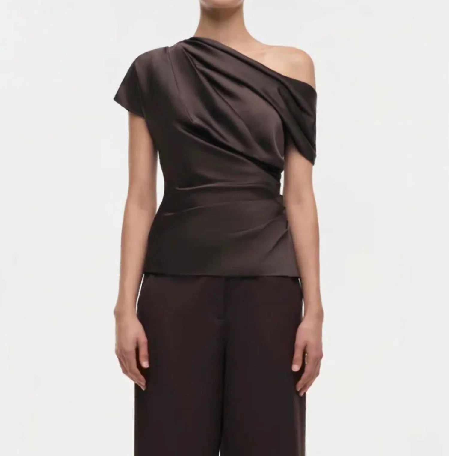 <img src="https://www.beryn-boutique.com/" 
       alt="Elegant One Shoulder Draped Satin Top, Dark Brown Ruched Waist Luxury Satin Blouse for Women" 
       loading="lazy" />