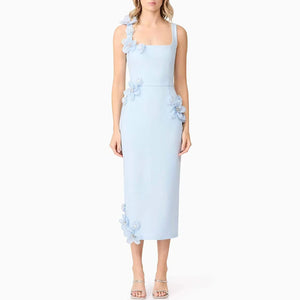 Light Blue 3D Floral Square Neck Dress
