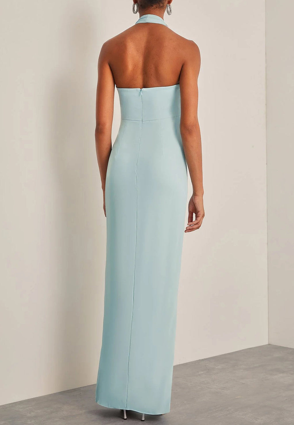 Sage Blue Halter Neck Crystal Trim Draped Maxi Dress