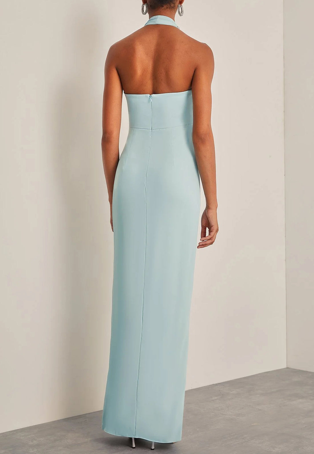 Sage Blue Halter Neck Crystal Trim Draped Maxi Dress