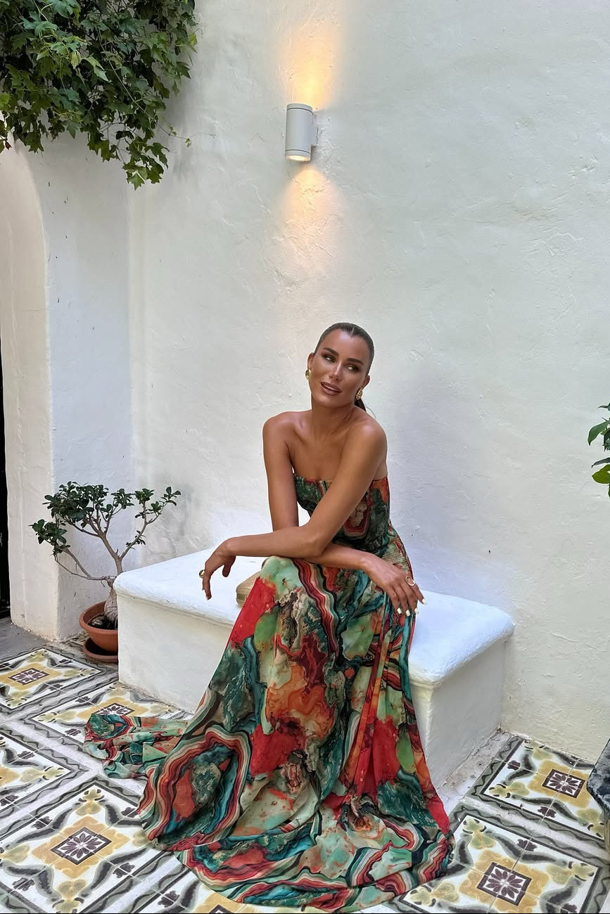 Abstract Marble Print Strapless Maxi Dress