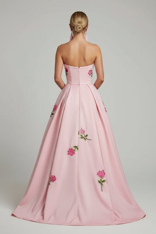 Romantic Blush Pink Floral Corset Midi Ball Dress