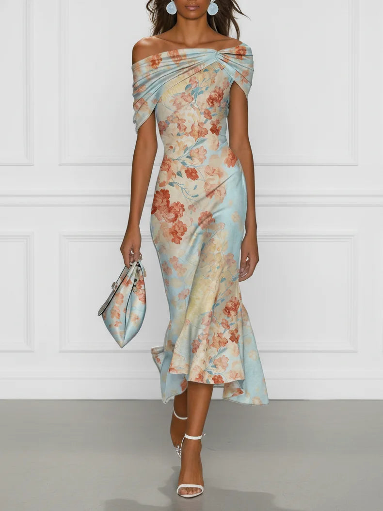 Pastel Floral Off-Shoulder Mermaid Maxi Dress