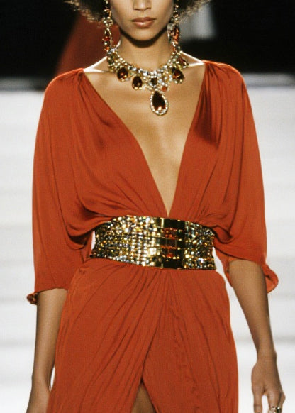 Rust Red Deep V Draped Belted High Slit Maxi Dress