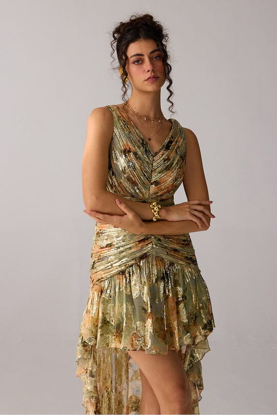 Gold Metallic Ruched High Low Halter Evening Dress