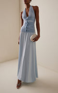 Light Blue Halter Neck Maxi Dress with 3D Flower Detail