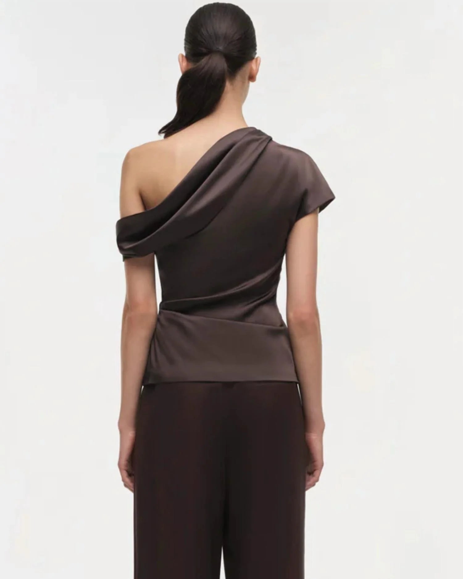 <img src="https://www.beryn-boutique.com/" 
       alt="Elegant One Shoulder Draped Satin Top, Dark Brown Ruched Waist Luxury Satin Blouse for Women" 
       loading="lazy" />