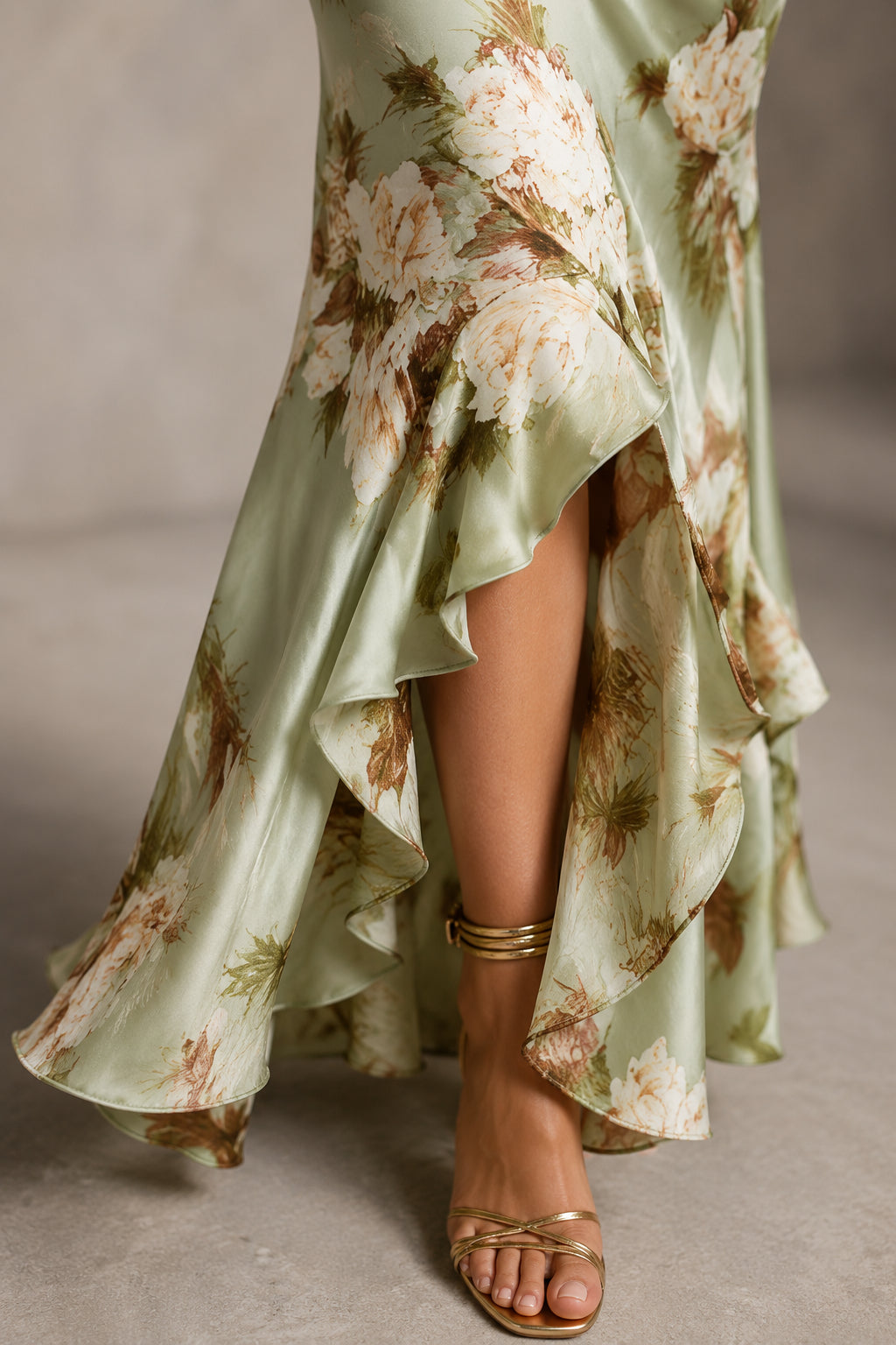 Sage Green Floral Ruched Maxi Dress