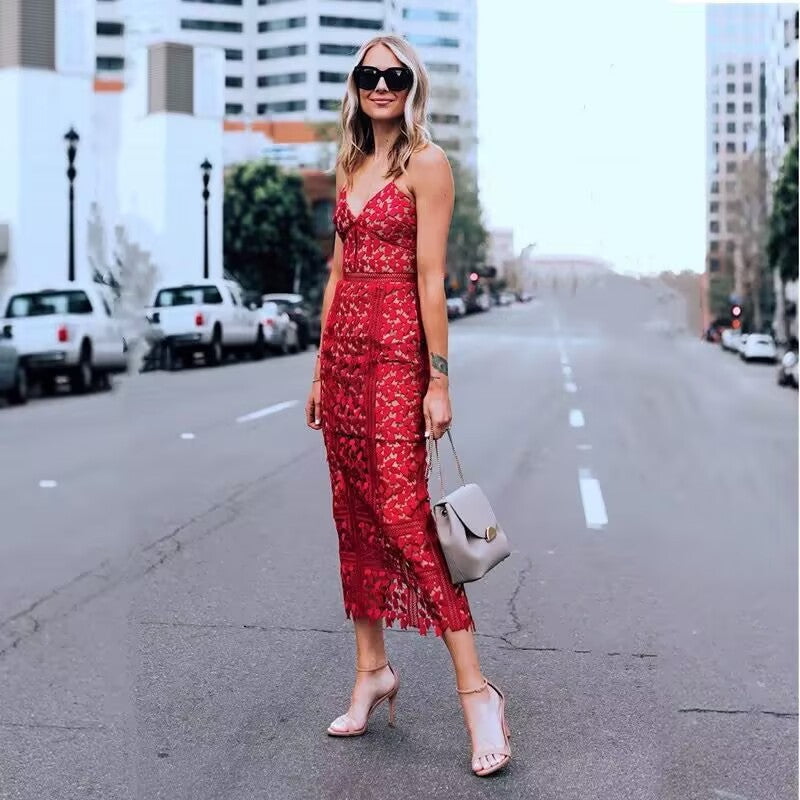 Elegant Red Floral Lace Bodycon Midi Dress