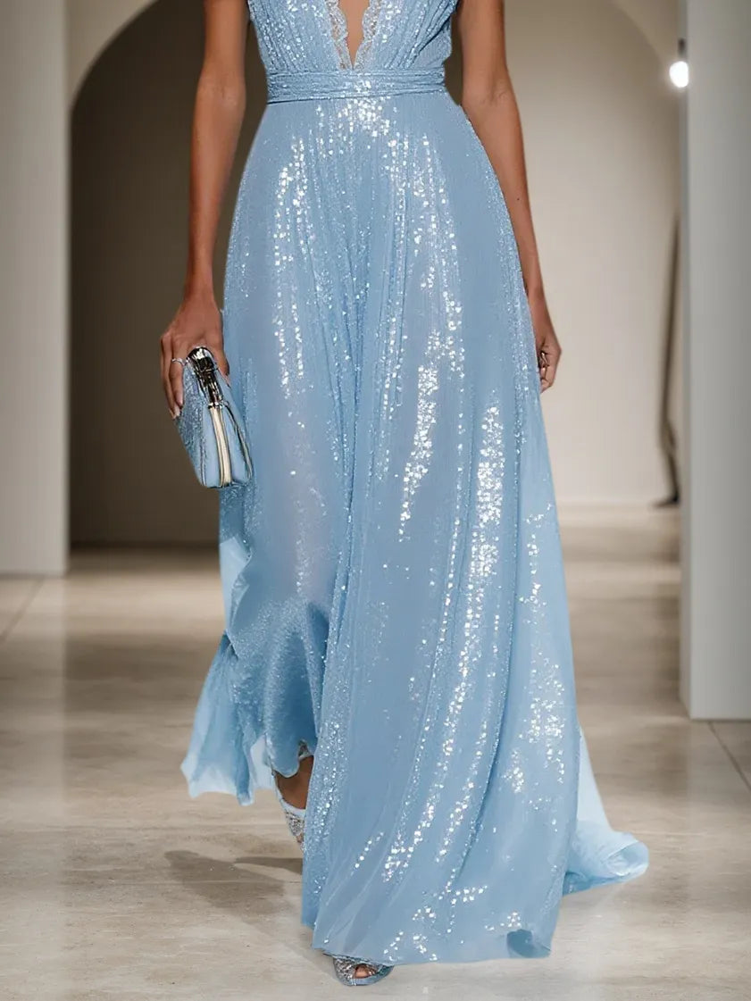 Elegant Sky Blue Glitter Plunge Neck Formal Gown