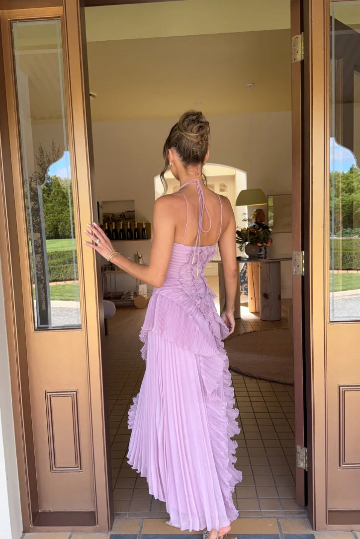 Lavender Ruffle Halter Neck Pleated Maxi Dress