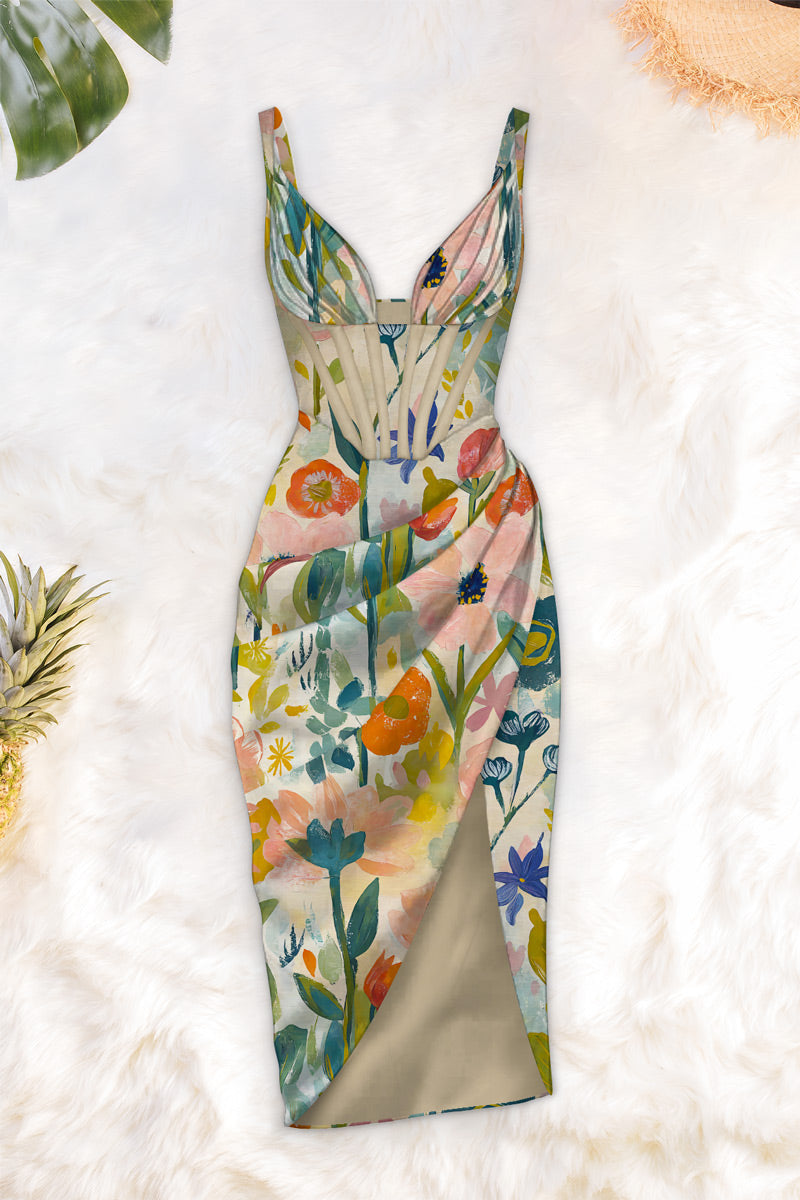Floral Print Cut-Out Maxi Dress with Slit