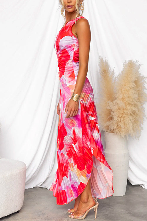 Women’s Red Abstract Print One Shoulder Maxi Dress