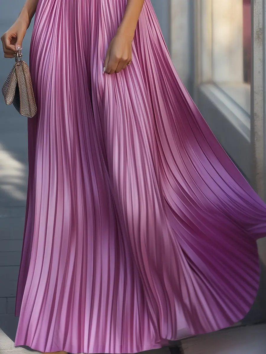 Magenta Pleated Halter Neck Flowing Maxi Dress