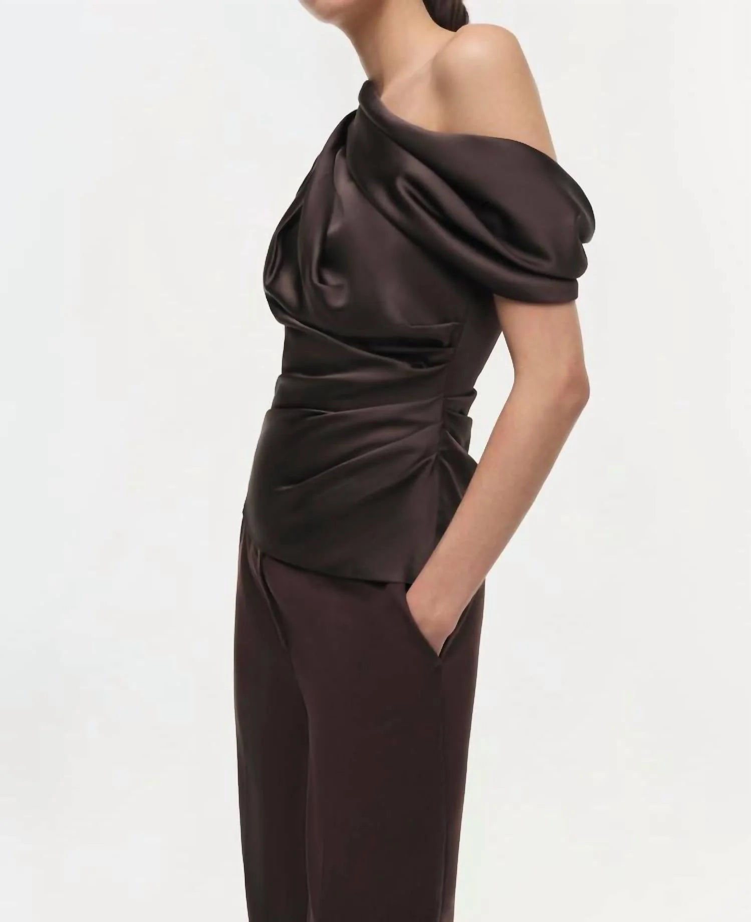 <img src="https://www.beryn-boutique.com/" 
       alt="Elegant One Shoulder Draped Satin Top, Dark Brown Ruched Waist Luxury Satin Blouse for Women" 
       loading="lazy" />