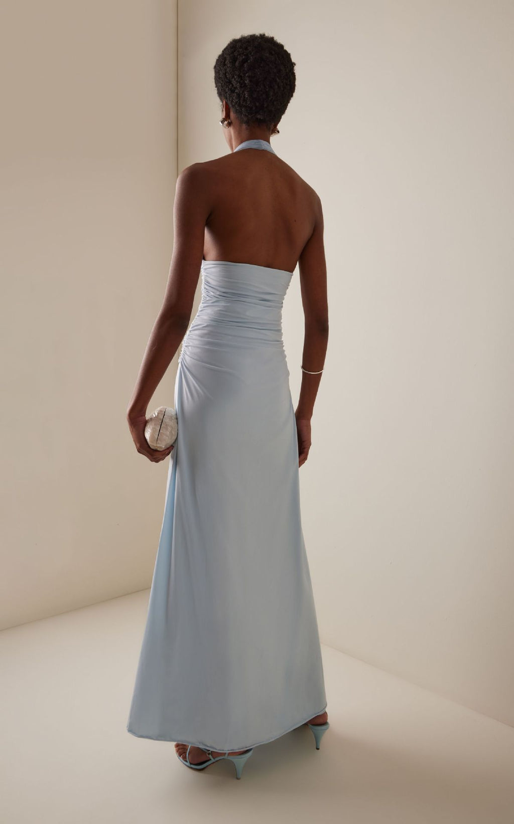 Light Blue Halter Neck Maxi Dress with 3D Flower Detail
