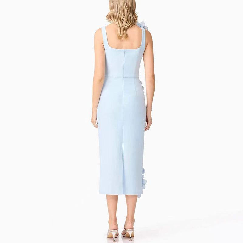 Light Blue 3D Floral Square Neck Dress