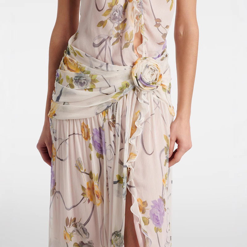 Chiffon Backless Floral Maxi Dress