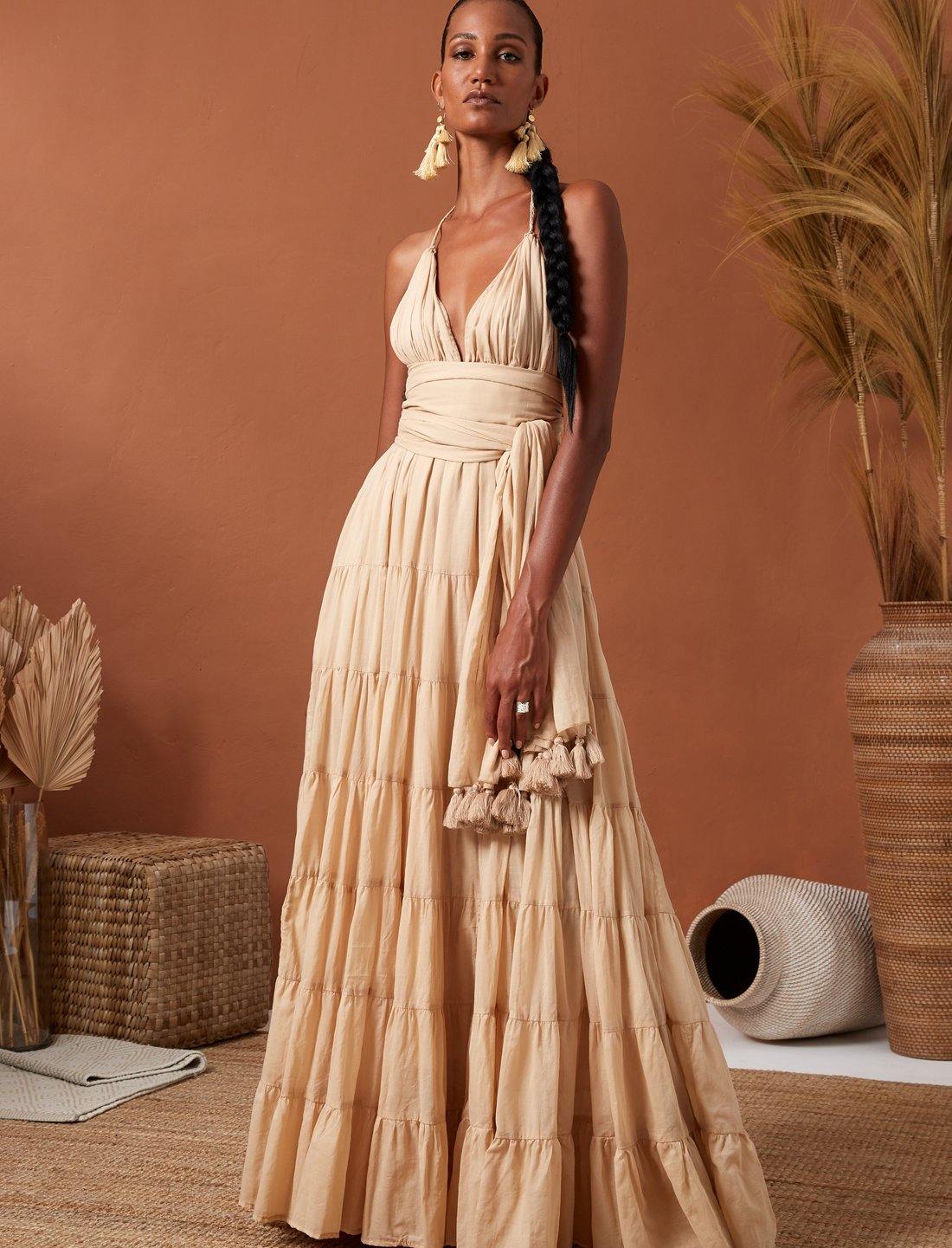 Elegant Boho Halter Neck Tiered Flowing Maxi Dress