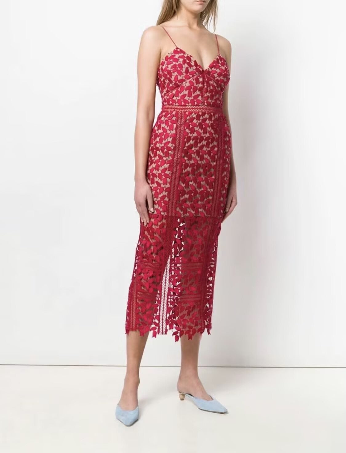 Elegant Red Floral Lace Bodycon Midi Dress