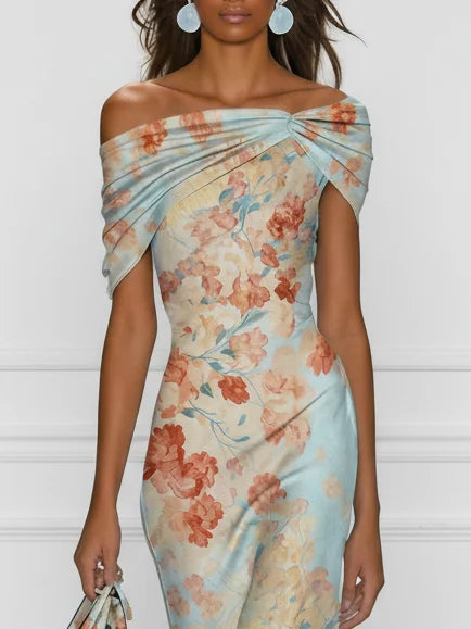 Pastel Floral Off-Shoulder Mermaid Maxi Dress