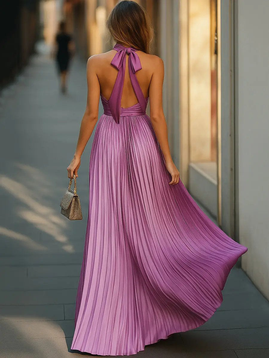 Magenta Pleated Halter Neck Flowing Maxi Dress