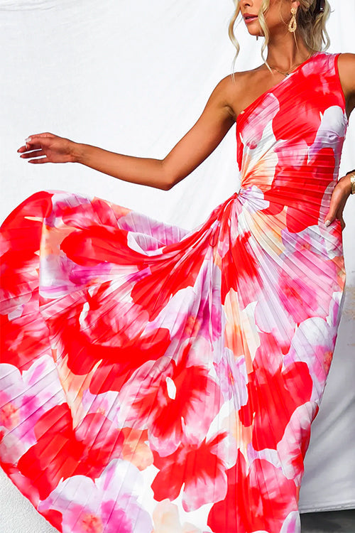 Women’s Red Abstract Print One Shoulder Maxi Dress