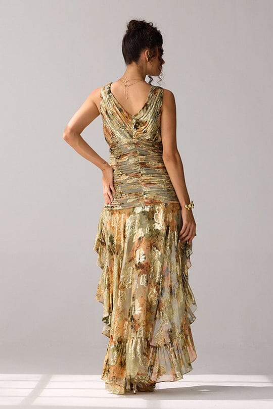 Gold Metallic Ruched High Low Halter Evening Dress