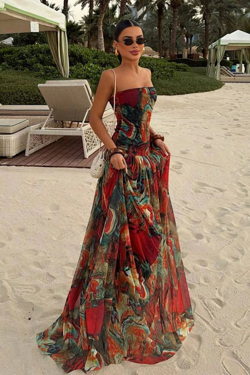 Abstract Marble Print Strapless Maxi Dress