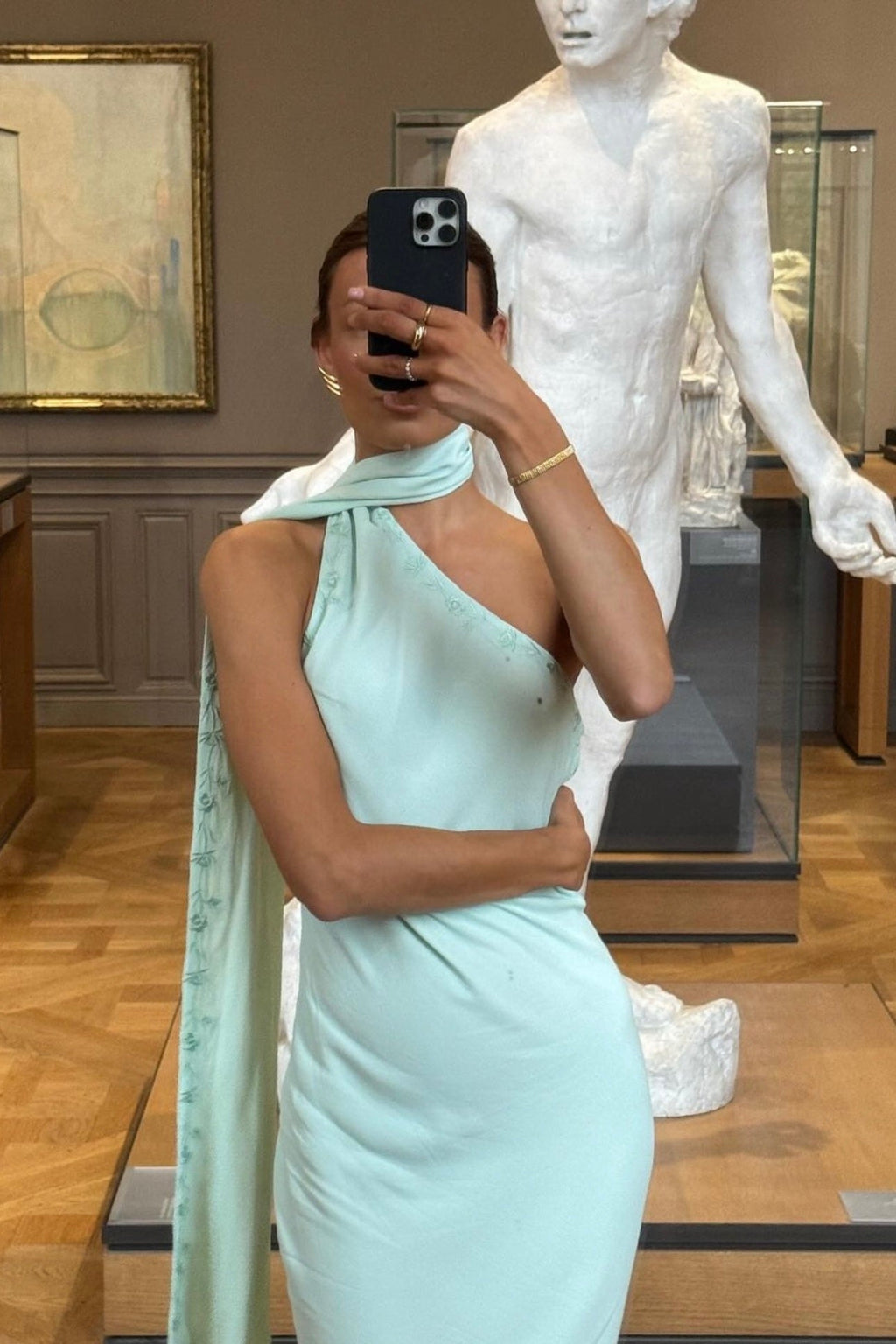 Ice Blue Halter Neck Scarf Detail Column Maxi Dress