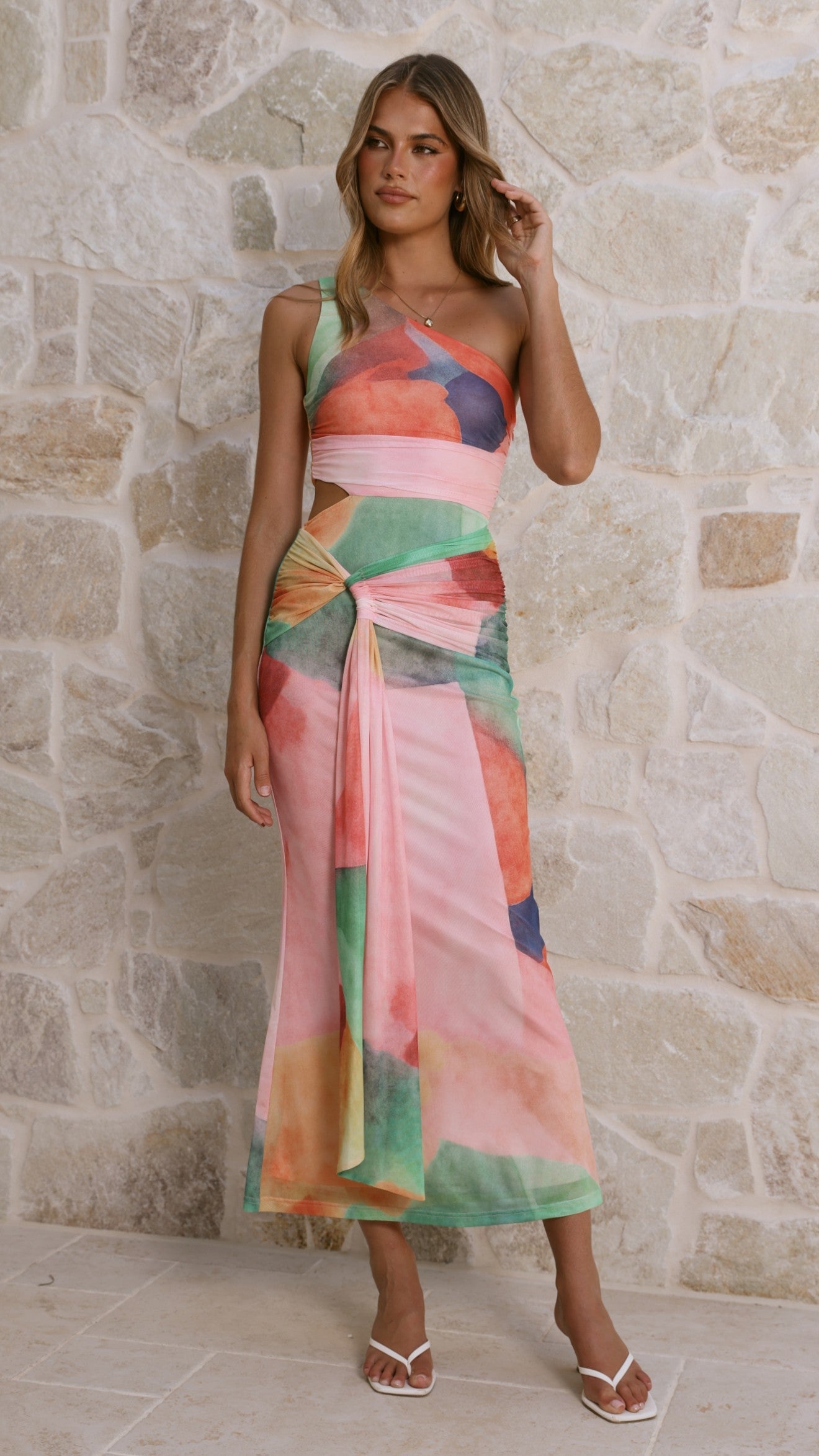 Modern Art Print Draped Bodycon Maxi Dress