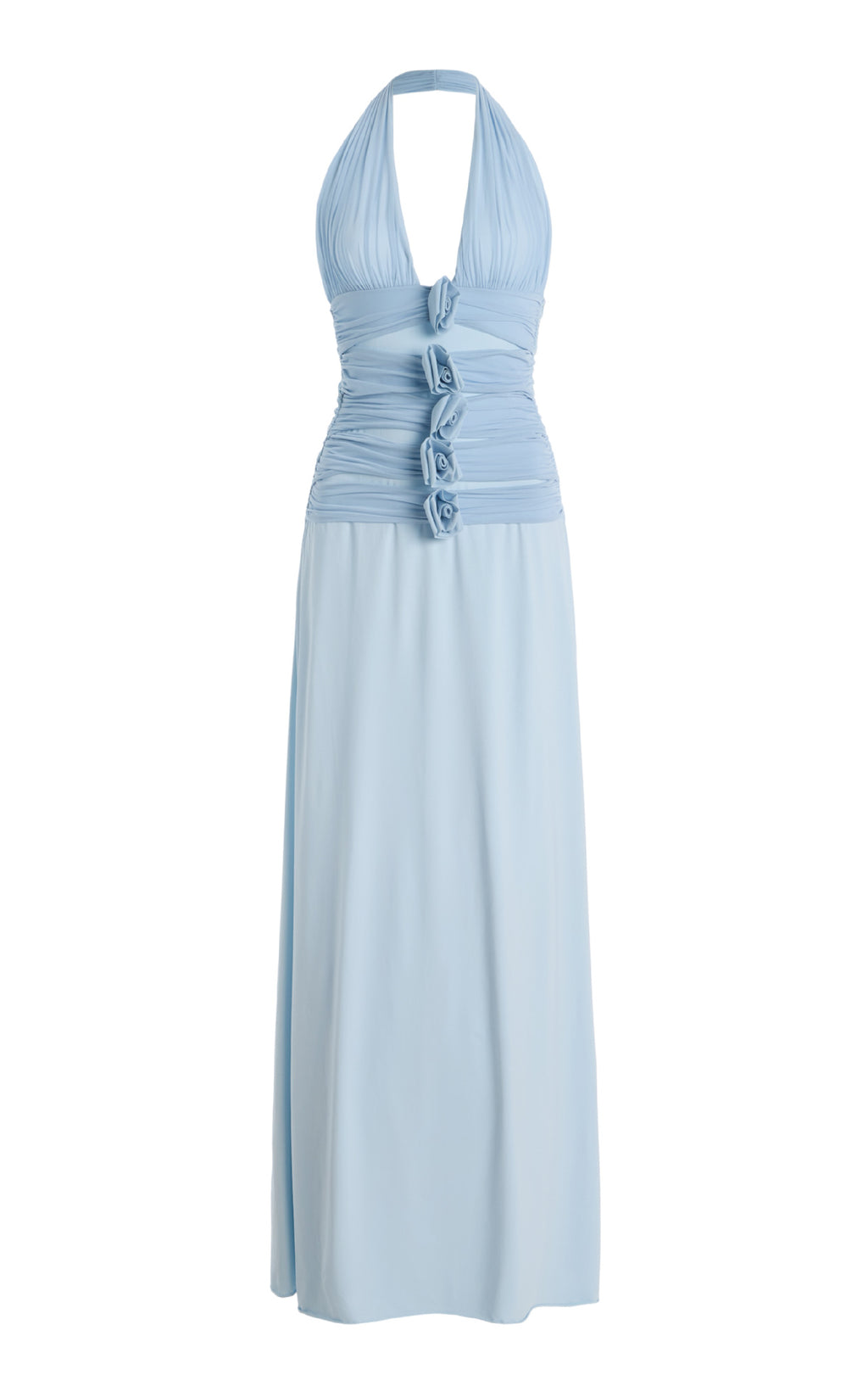 Light Blue Halter Neck Maxi Dress with 3D Flower Detail