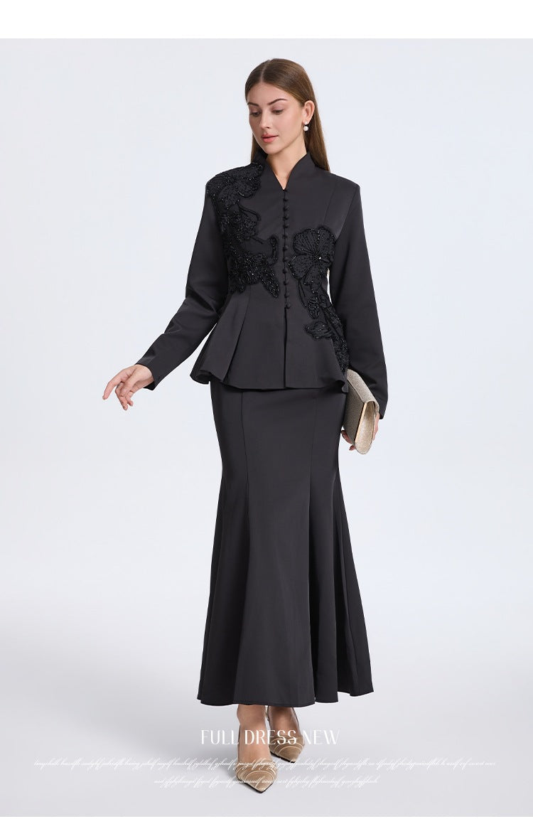 Embroidered Black Beaded Jacket&Skirt