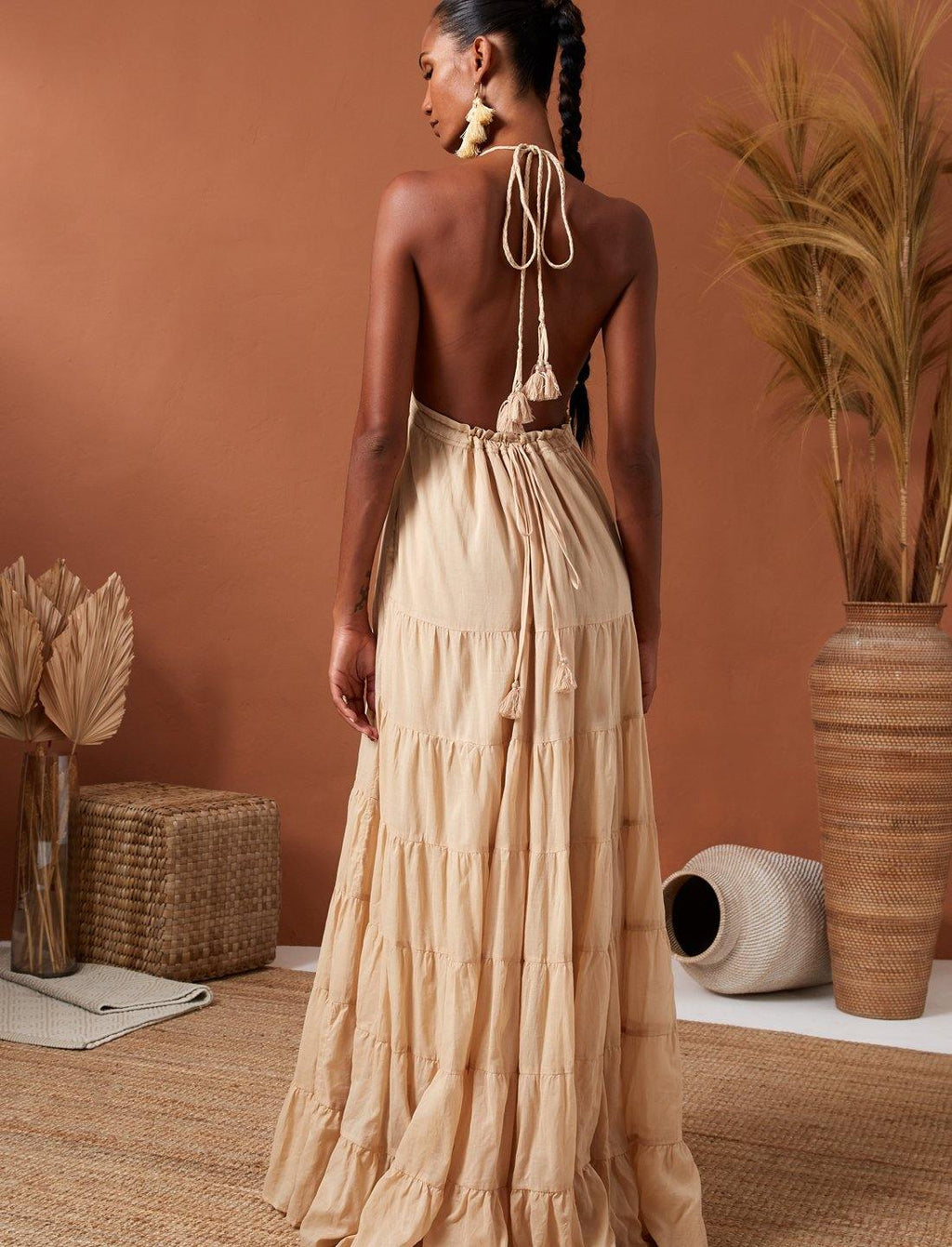 Elegant Boho Halter Neck Tiered Flowing Maxi Dress