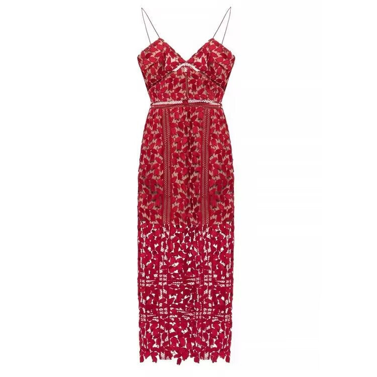 Elegant Red Floral Lace Bodycon Midi Dress