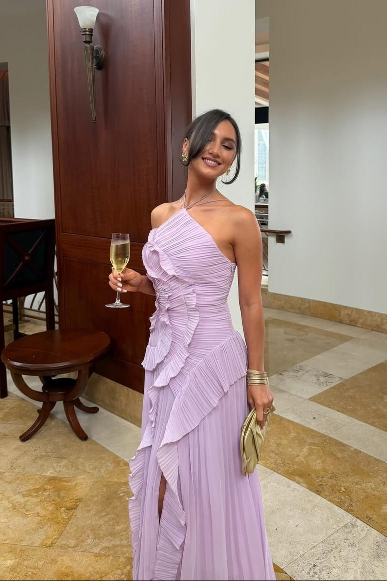 Lavender Ruffle Halter Neck Pleated Maxi Dress