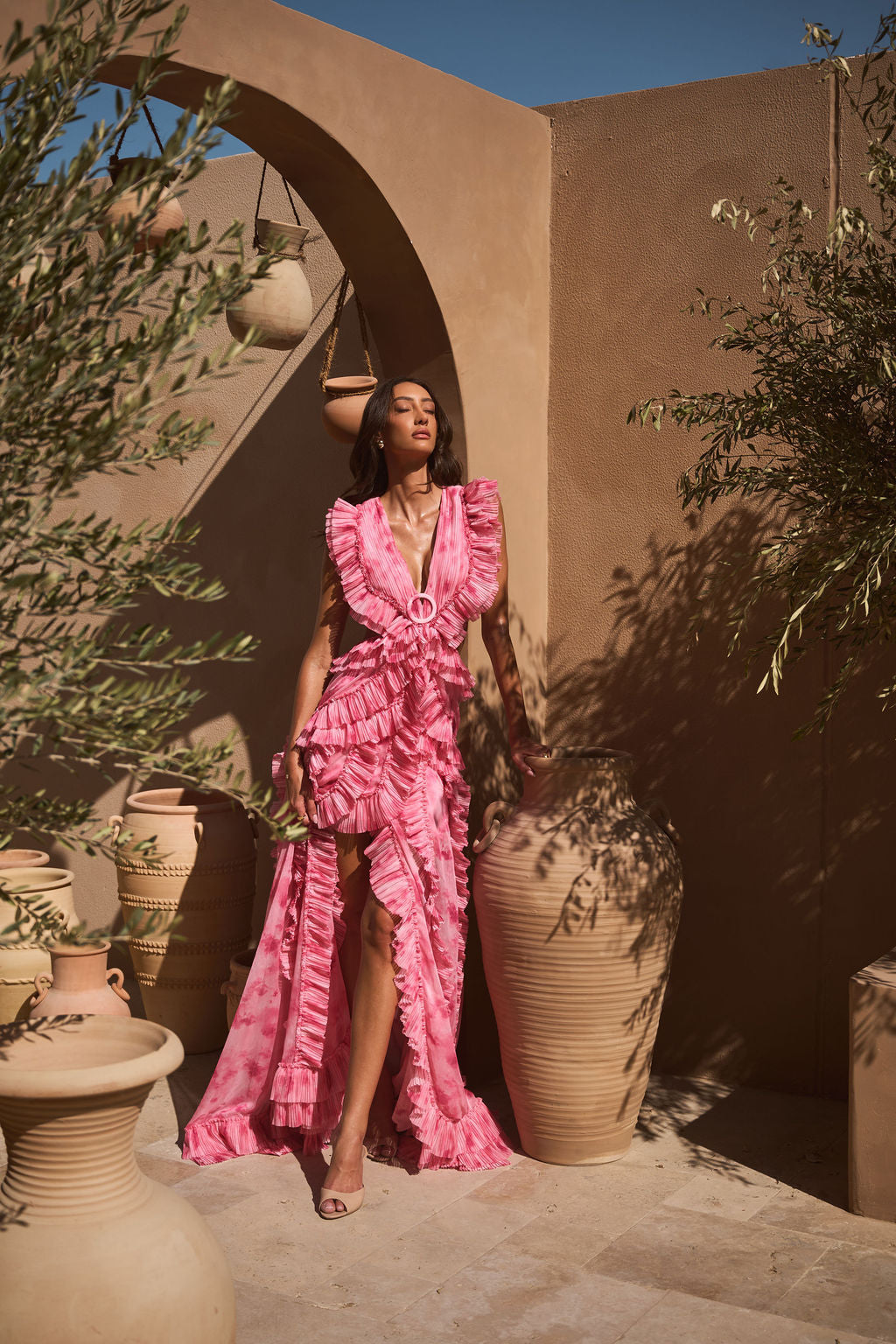 Hot Pink Ruffle Deep V Slit Maxi Dress