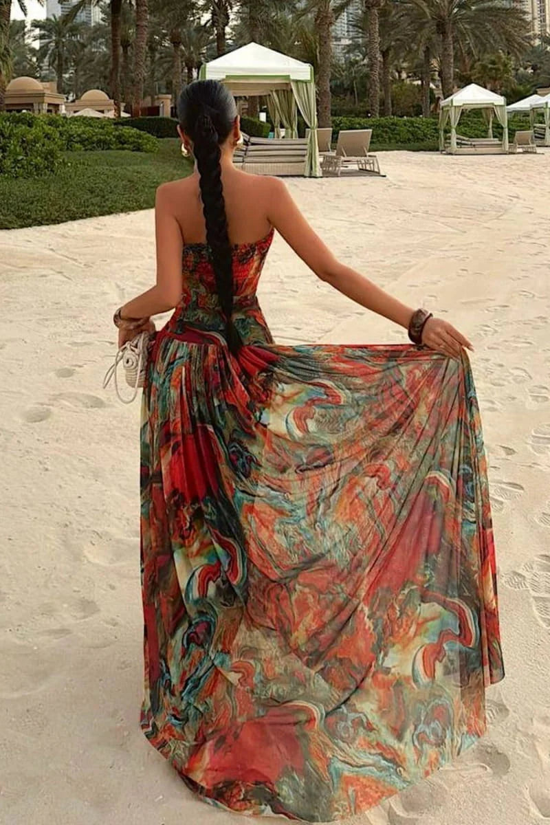 Abstract Marble Print Strapless Maxi Dress