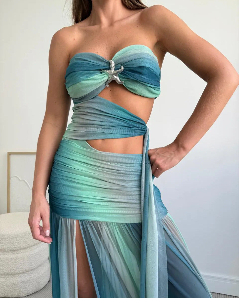 Turquoise Cut-Out Ruched Maxi Dress