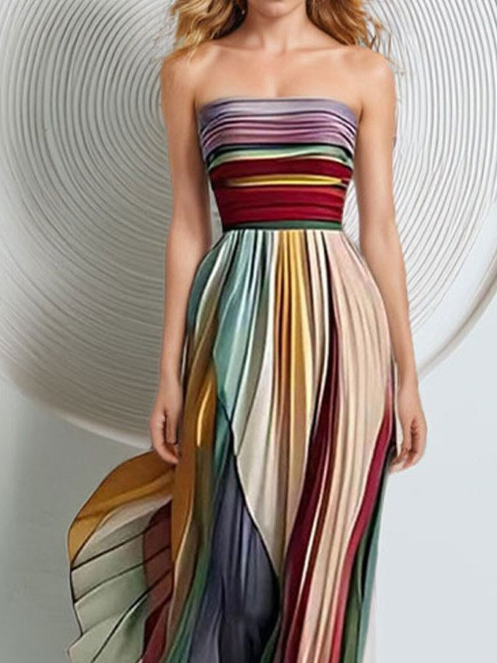 Multicolor Pleated Strapless Maxi Evening Dress
